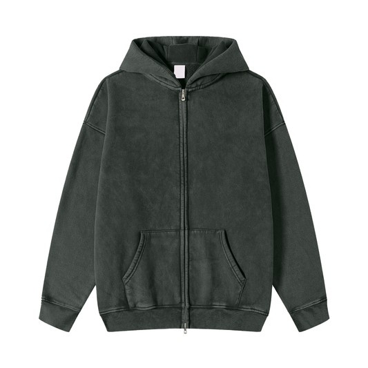 Snow Washed Zip-Through Fleece Hoodie - Gorilian