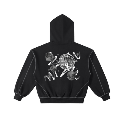 Contrast-Stitched Boxy Fleece Hoodie – “The World is Yours” - Gorilian