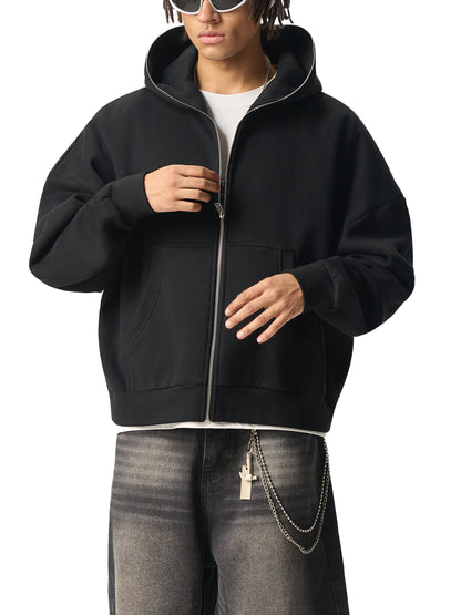 Fleeced Full-Zip Boxy Hoodie - Gorilian
